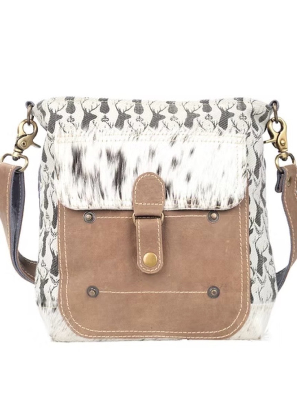 Neutral Patterned Crossbody with Brown Leather Pocket